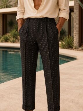 Vintage Andrew Fezza Black Tan Pattern Wool Silk Pleated Cuffed Pants 32x32